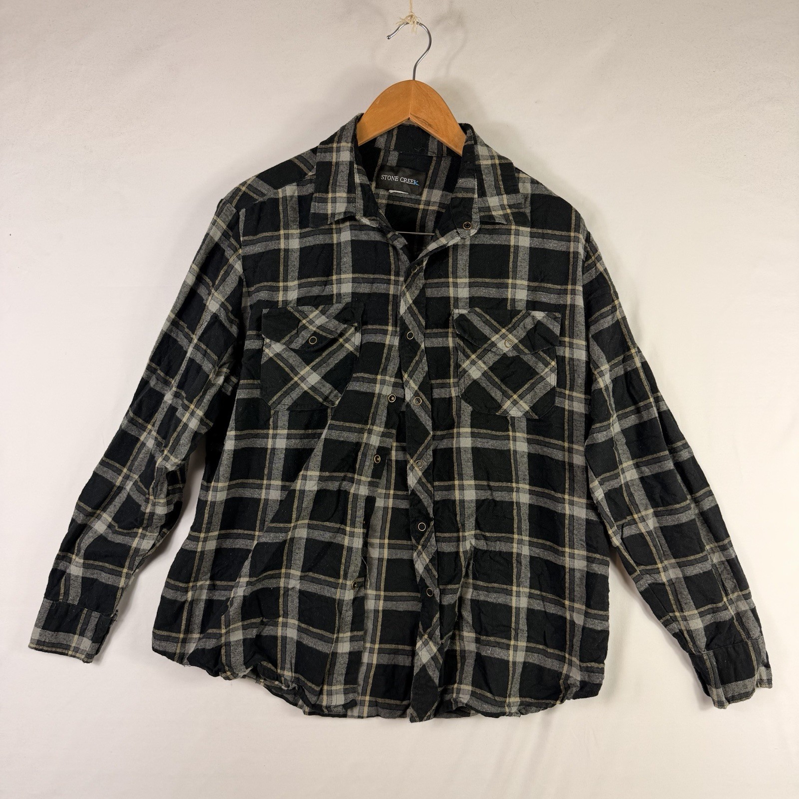 Stone Creek Shirt Mens Size M Pearl Snap Button Down Long Sleeve Plaid Black