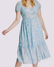 LoveShackFancy Blue White Floral Puff Short Sleeve Ruffle Midi Dress Plus 18W