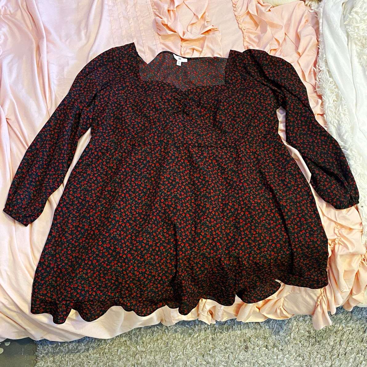 BP Black Red Floral Square Neck Puff Long Sleeve Short A-Line Dress Chiffon 3x