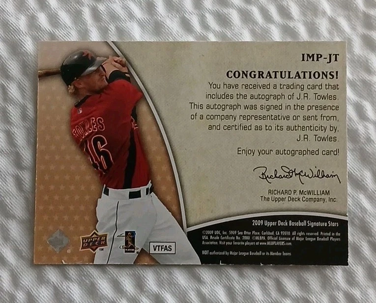 J.R. Towles Auto 2009 Upper Deck Signature Stars Impressions  #IMP-JT Reds - Image 2 of 2