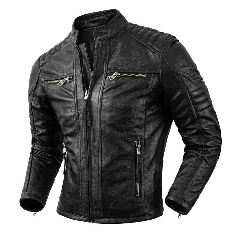 Men's Real Leather Bikers Jacket Quilted Panels Cafe Racer Jacket Bikers Jackets