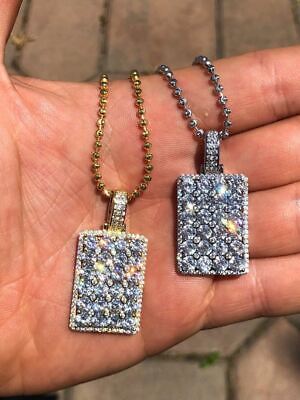Solid 925 Silver Gold Plated Men's Dog Tag Pendant ICY 6ct CZ Hip Hop Iced