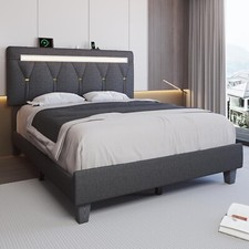 Full Queen King Bed Frame with Bluetooth Speaker, LED Light  Adjustable Headboard