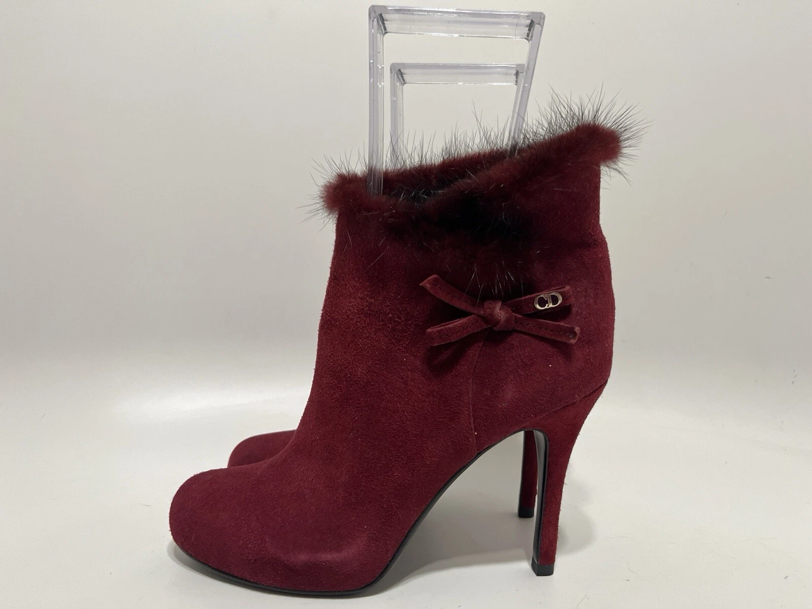 Bottes cheville vintage Christian Dior par John Galliano daim bourguignon cuir fourrure 38