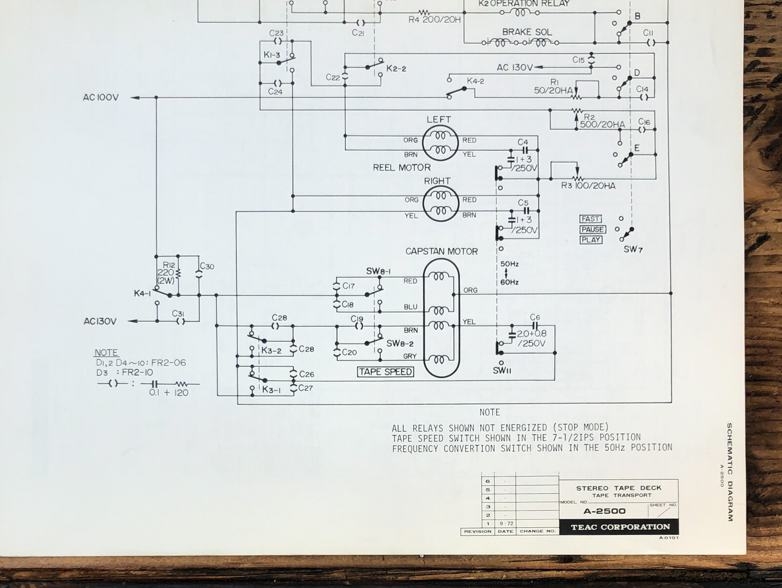 Teac A-2500 Reel to Reel  Fold Out Schematic *Original*