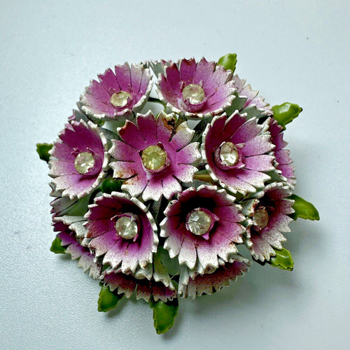 Vintage Corocraft Pink Enamel Flower Brooch Rhinestone Hydrangea Petals Signed