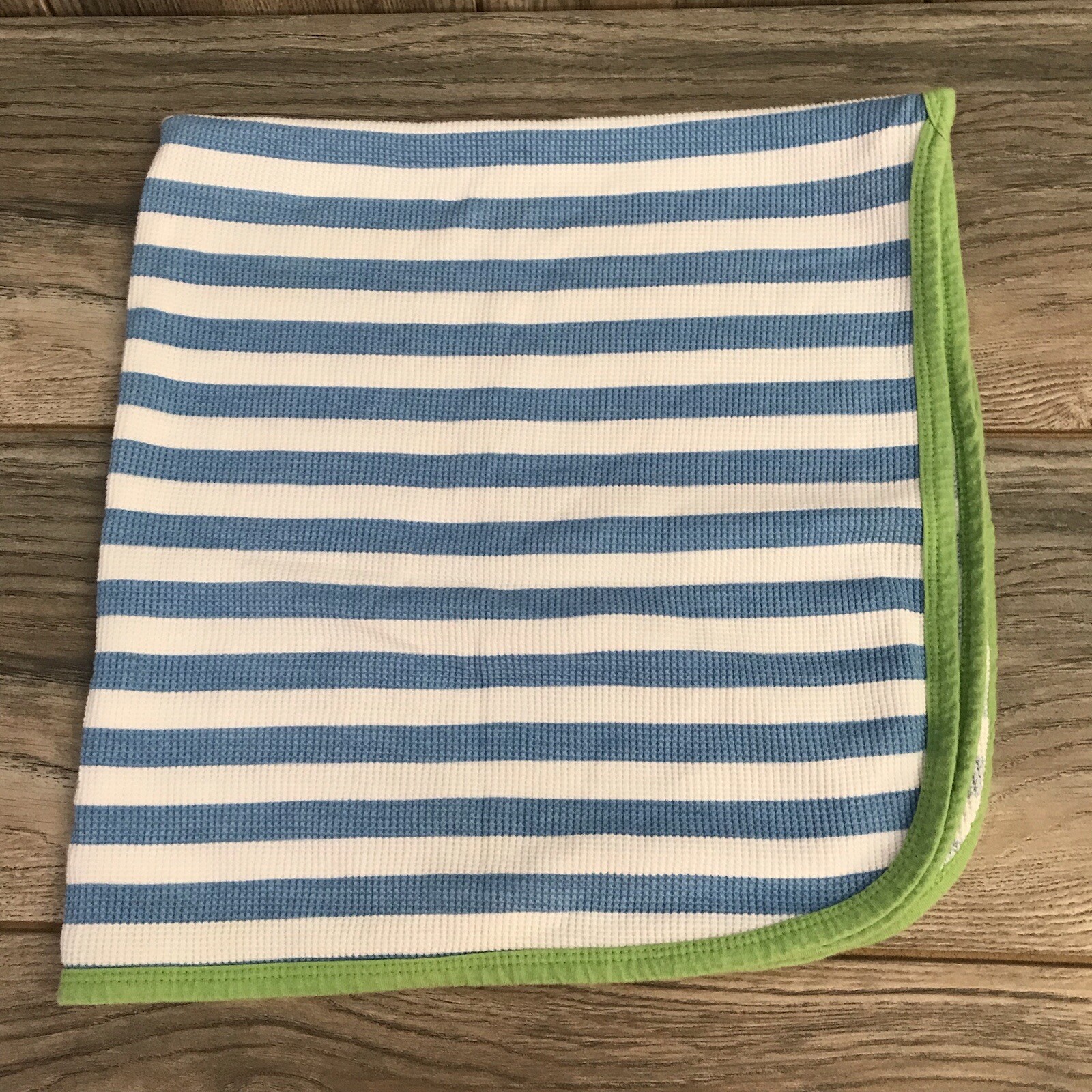 Gerber baby thermal receiving blanket green trim blue white stripes