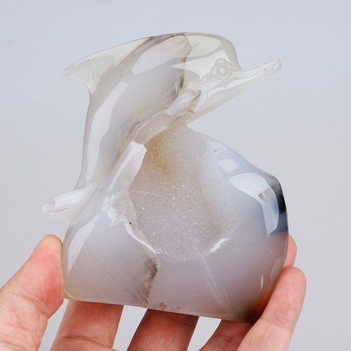 487g 4.4" Natural Geode Agate Quartz Crystal Hand Carved Dolphin Carving 0114 - Picture 8 of 8