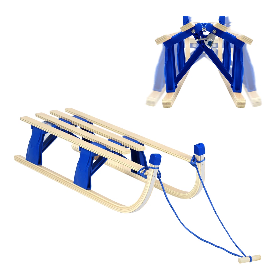 Holzschlitten Schlitten 110cm faltbar Kinderschlitten Rodelschlitten mit Zugseil - Bild 2 von 4