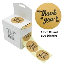 500 Pcs Thank You 2" Round KRAFT Stickers With Dispenser Box, by Infi-Touch