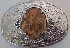 Vtg Intricate Engrave Ornate Silver Tone Western Belt Buckle W/Agate Stone 3.5"