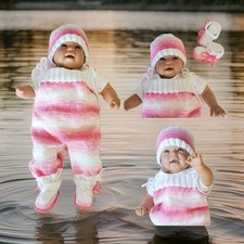 Latzhose Babymütze Babyschuhe Set Strampler Reborn Baby Gr 56 - 62/68 gestrickt