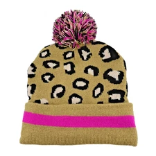 Adult CAPELLI BEANIE Tan Animal Print Pom Pom - OSFM - Stretch