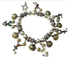 Cheerleader Beaded Charm Bracelet Silvertone  Yellow Poms Stretch Bracelet