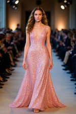 Iridescent Pink Sequin Lace Fabric   Stretch Lycra Mesh Glamorous Gown Material