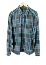 WOOLRICH Shirt Men's Large Green Gray Flannel Heavy Cotton Double Elbow Pockets