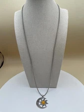 Silver and Citrine Yellow Sun and Moon Pendant Necklace