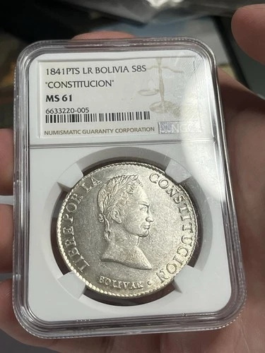 1841 PTS LR Bolivia 8 Soles  "CONSTITUCION" NGC MS61 - RARE HIGH GRADE Piece