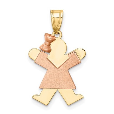 14k Two-tone The Kids Small Girl Bow on Left Engravable Joy Charm Necklace
