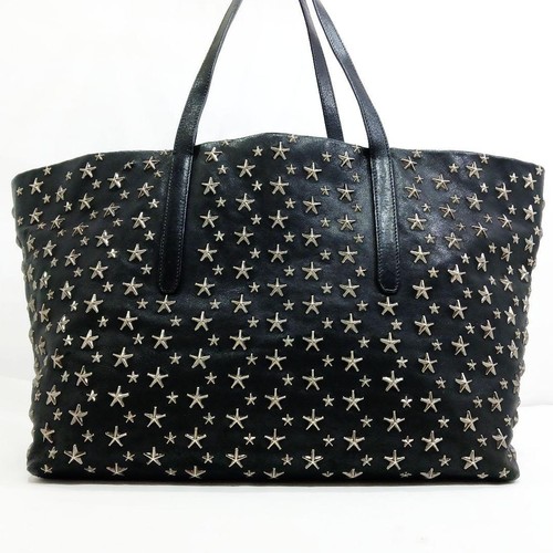 Jimmy Choo Pimlico Black Leather Tote Bag Studded Shoulder Japan Auth 058197