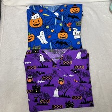 Lot 2 Serene M Med Halloween Medical Scrubs Top Purple Blue Ghosts Cats Pumpkin