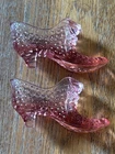 Set Of 2  Vintage Fenton Hobnail Pink Glass  Cat Head Slipper Shoe Fenton Cat