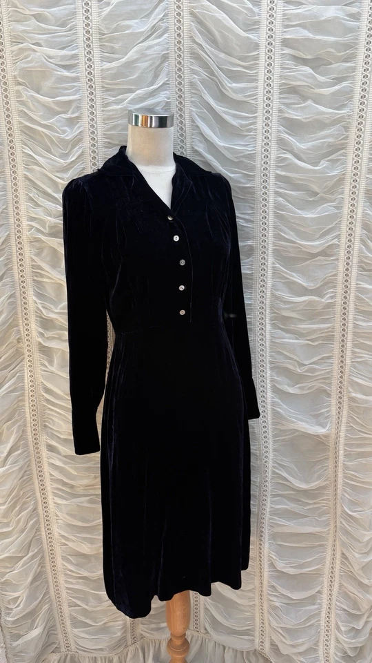 Laura Ashley Midi Dress Navy Blue Velour Soft Velvet Long Sleeves Size 8 UK - Image 3 of 4