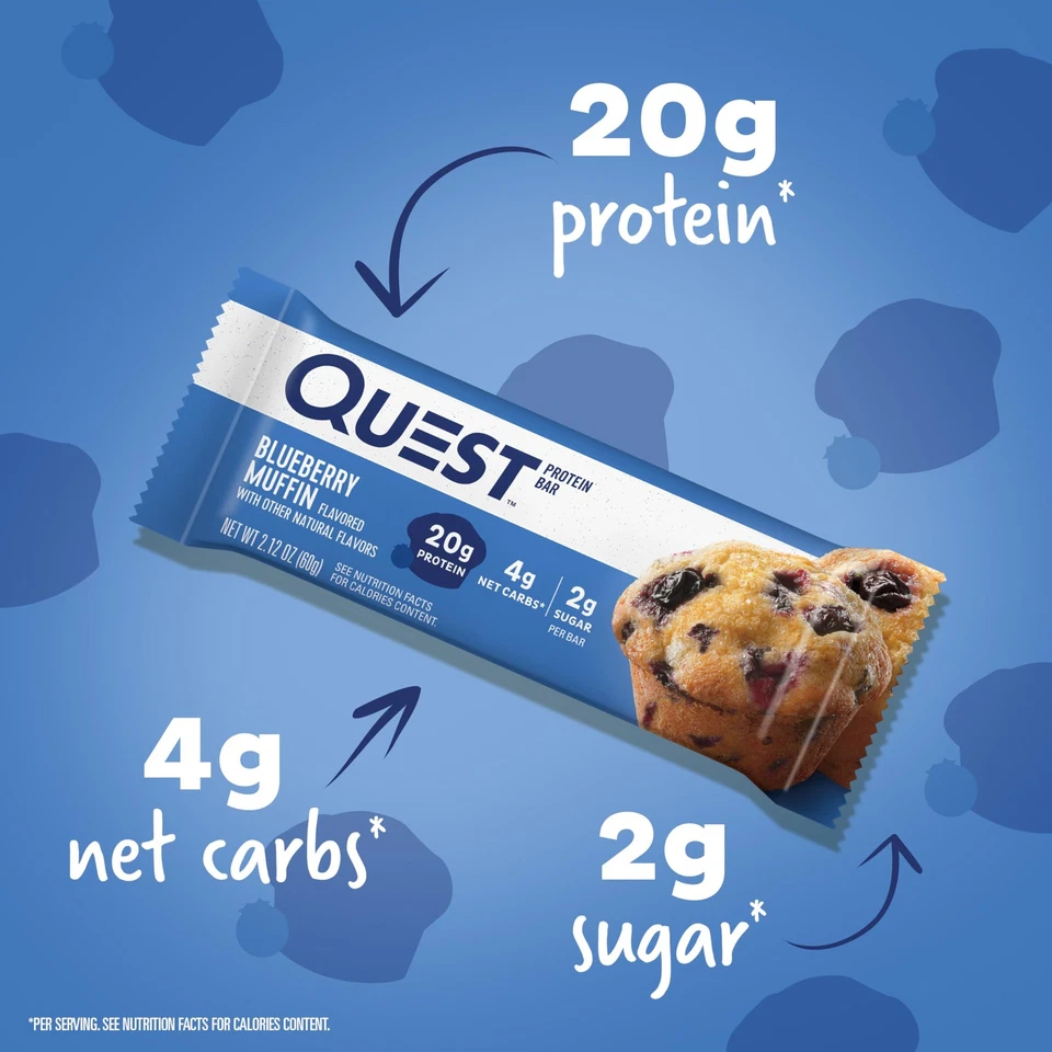 Barritas proteicas Quest Nutrition Blueberry Muffin, 20 g de proteína, 2 g de azúcar, 5 g neto... Foto 2 de 4