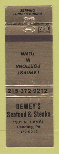 Matchbook Cover - Dewey's Seafood Steaks Reading PA WEAR