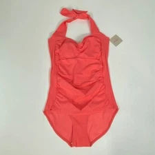 Ruby Ribbon Coral One Piece Swimsuit Ruched Halter Neck Padded Cups Size 10