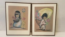  Vintage Ted De Grazia Flowers Boy/Girl Print on Wooden Plaque 4 x6 (2)
