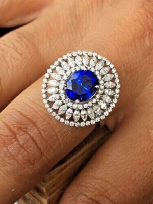 3Ct Oval Cut Lab Created Blue Sapphire Women's Ring 14K White Gold Plated Silver