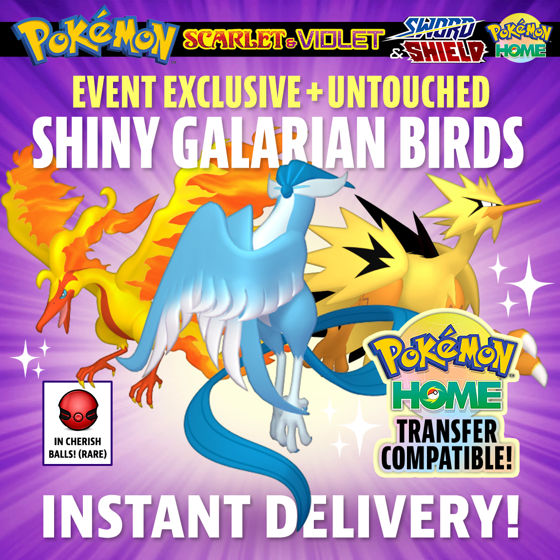 Event Shiny Galarian Articuno, Moltres and Zapdos for Pokemon Scarlet and  Violet