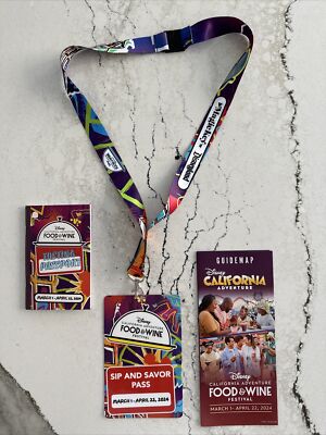 Disney Magic Key 2024 Food &Wine Sip&Savor Pass Lanyard Tasting Passport Map DCS