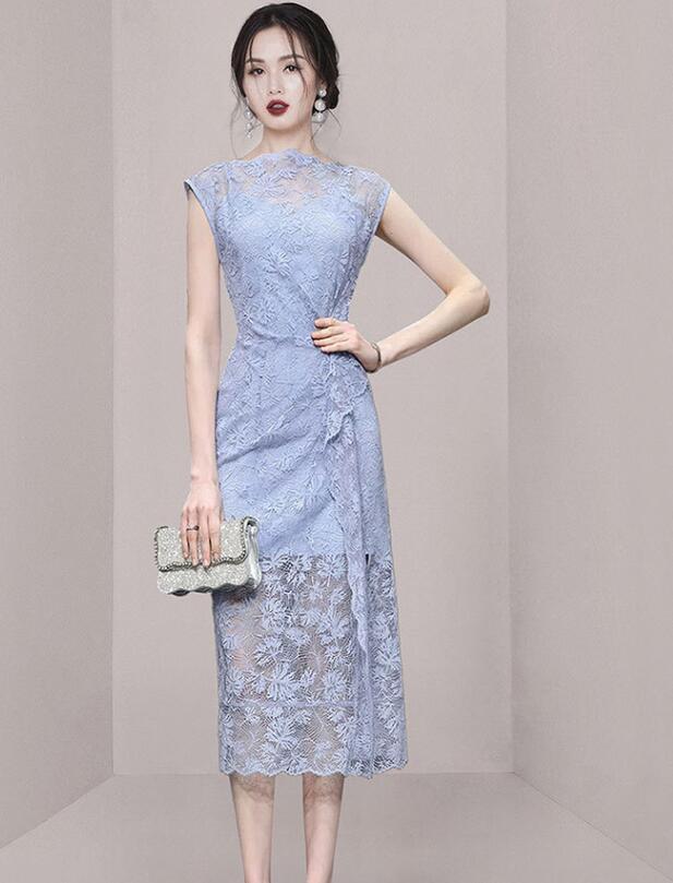 Womens 2024 French Temperament Grace Lace Splicing Socialite Slim Fit Long  Dress