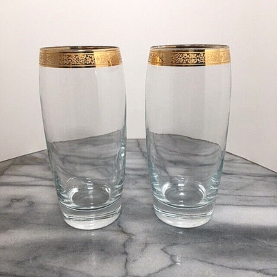 Vintage Pasabahce 22k Gold Rim Clear Drinking Highball Glasses 5.75'' Lot of 2