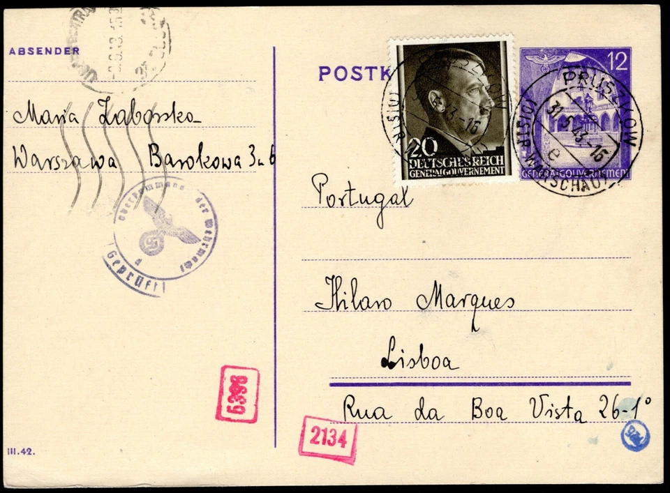 POLAND GERMANY OCC WW2 Card UNDERCOVER ADDRESS Portugal Lisbon 1943 MC318 - Image 2 of 4