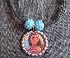Moana Ribbon Bottle Cap Bling Charm Necklace Blue Beads Ocean Maui Polynesia