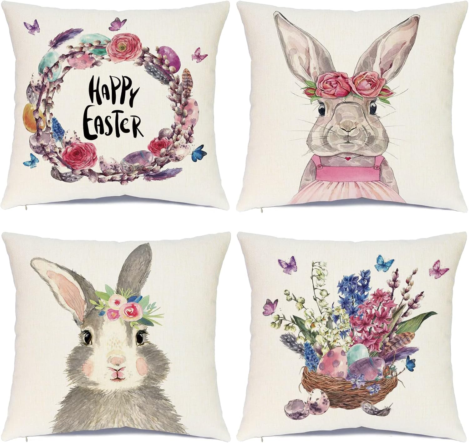 Set of 4 18x18 Easter Pillow Covers with Rabbit Bunnies and Egg Designs