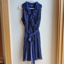 CHAPS Navy/White Polka Dot Ruffled Sleeveless Dress With Tie Belt Size 8