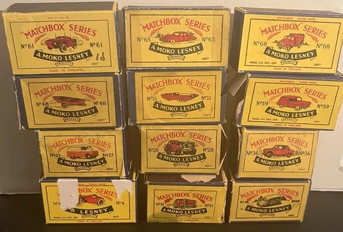 12 USED LESNEY MATCHBOX REGULAR WHEEL EMPTY BOX 4 11 14 25 28 36 48 55 59 61 65