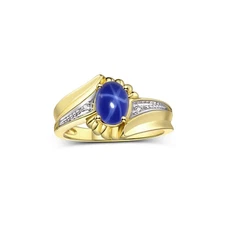 RYLOS  YELLOW GOLD PLATED SILVER BLUE STAR SAPPHIRE & DIAMONDZ RING SZ 5-10