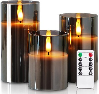 Flammenlose LED Stumpenkerzen Grau mit Fernbedienung und Timer 3er-Set