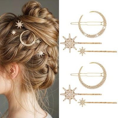 6 Pcs Rhinestone Star Moon Hair Clips, Gold Hair Accessories, Vintage Hair Pi...