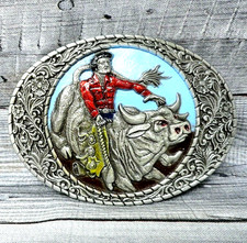 Bull Rider Cowboy Belt Buckle Western Rodeo Vtg 80s Indiana Metal Craft .B126