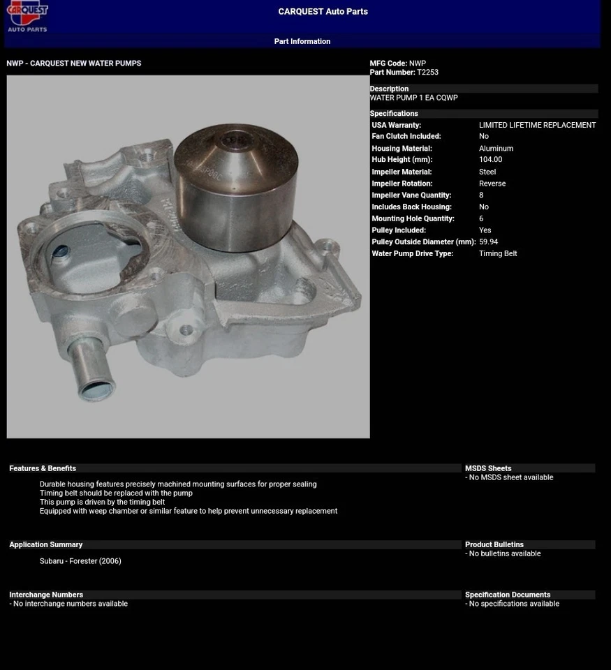 Bomba de agua del motor CARQUEST T2253 para Subaru Forester 2006 Foto 2 de 3