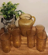 7pc Vtg Anchor Hocking Pagoda Honey Gold Pitcher, 6 Lg Tumbler Glasses 16oz EUC 