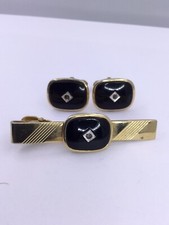 VINTAGE 1950s BLACK ONYX  GOLD FILLED CUFFLINK  TIEBAR SET - ANSON CL141 
