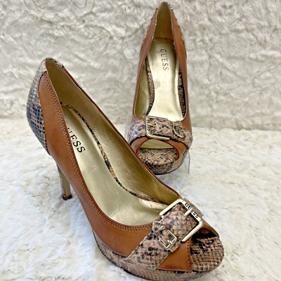Guess Platform Peep Toe Stiletto Heel Faux Snakeskin Tan Gold Buckle 