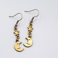 New Crescent Smiling Moon Star Pierced Earrings Bronze tone Dangle 1.25"